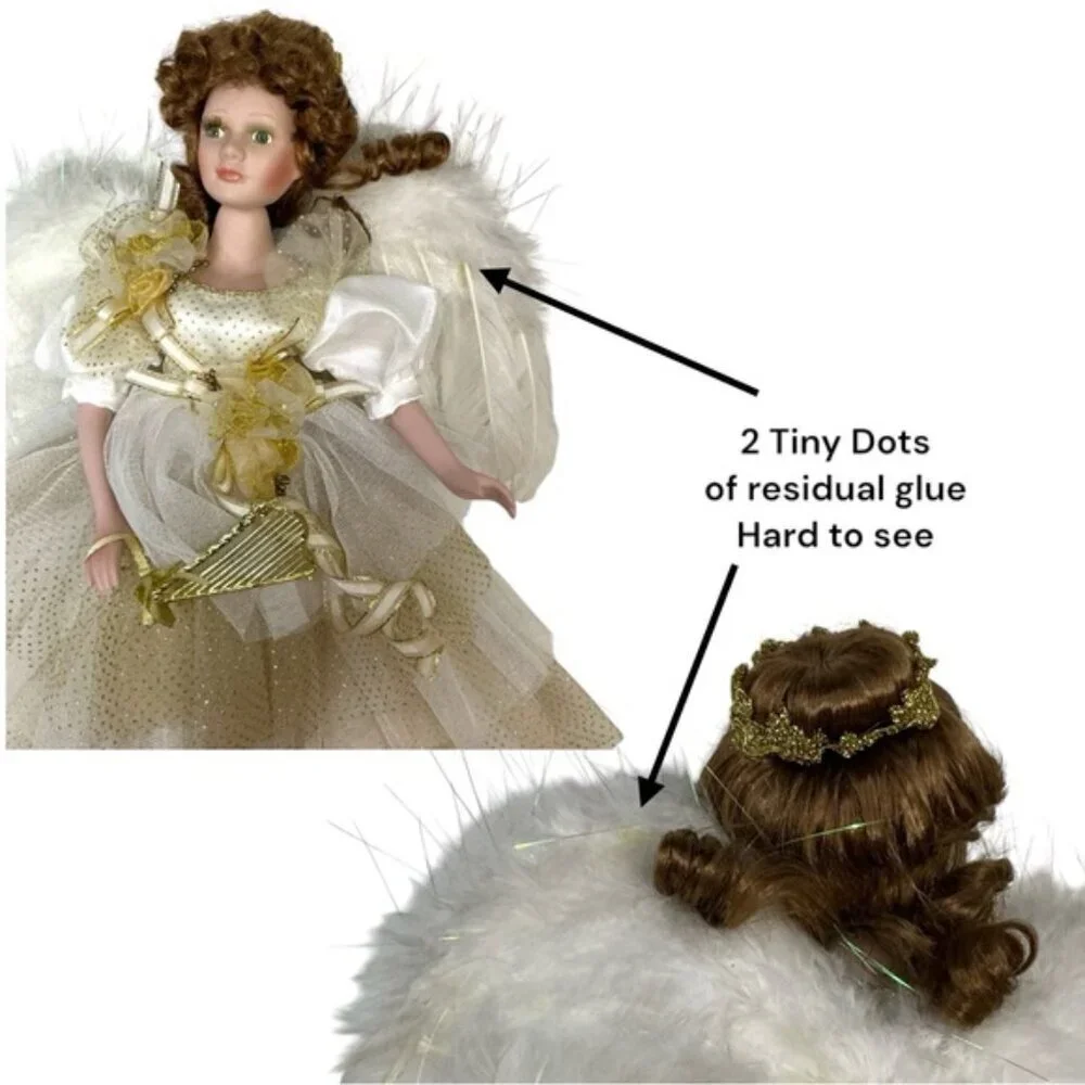 Vintage Porcelain Angel Doll 19” Brunette with Stand Gold White Lace Gown 1989